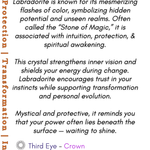 Informational card about Labradorite crystal with text and Boho Depot logo.