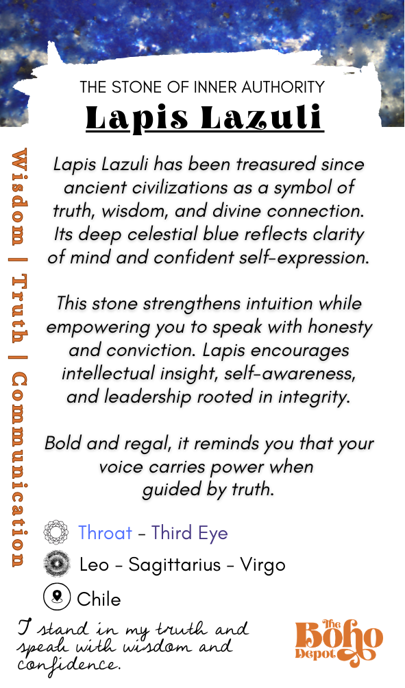 Information card about Lapis Lazuli with text and boho design elements.