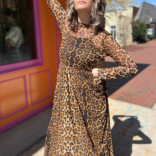 leopard mesh dress on model standing in front of orange and pink building with models hand on hip