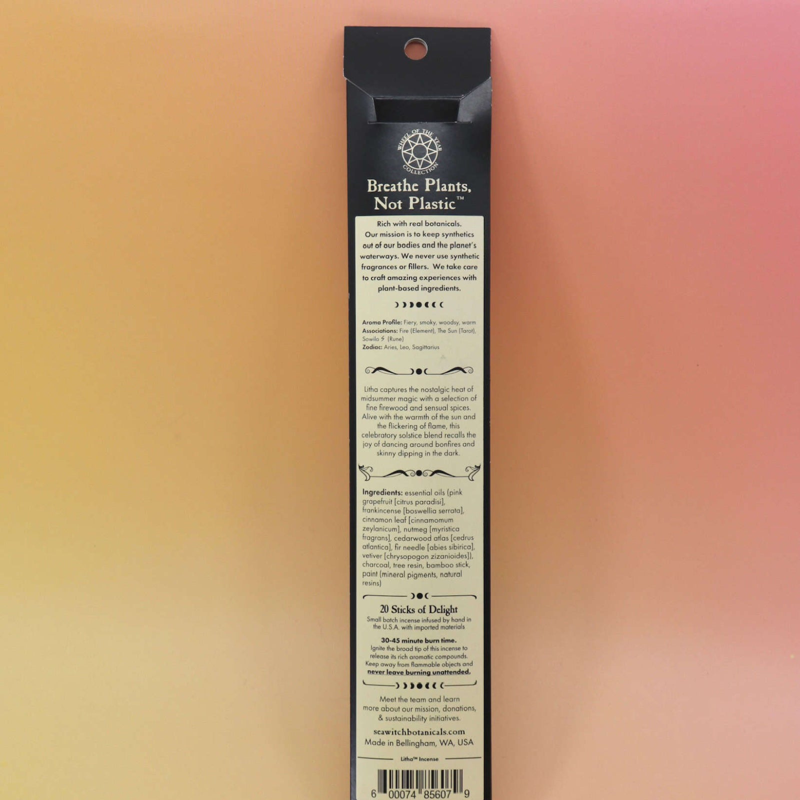 back of the pack of litha incense showcasing ingredients on an orange and pink background