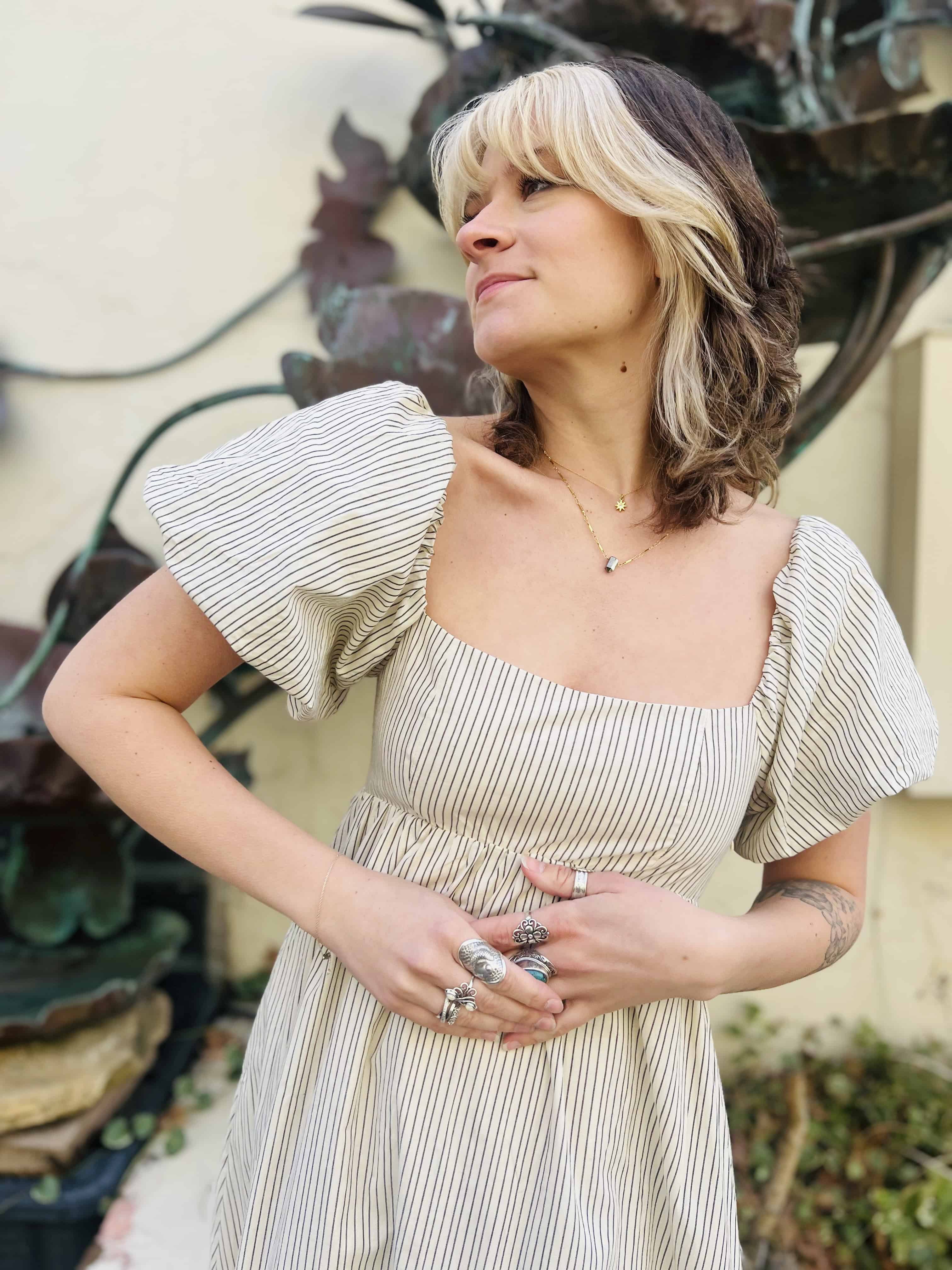 Striped Puff-Sleeve Maxi Dress