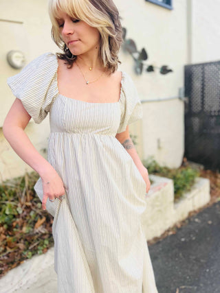 Striped Puff-Sleeve Maxi Dress