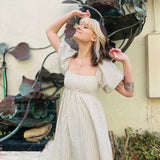 Striped Puff-Sleeve Maxi Dress
