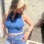 Recycled Denim Halter Top – Upcycled Vintage Shirt on a cream stucko background