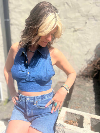 Recycled Denim Halter Top – Upcycled Vintage Shirt on a cream stucko background