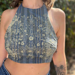 Model wearing blue floral halter top with back tie - Midnight Floral Top