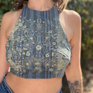 Model wearing blue floral halter top with back tie - Midnight Floral Top