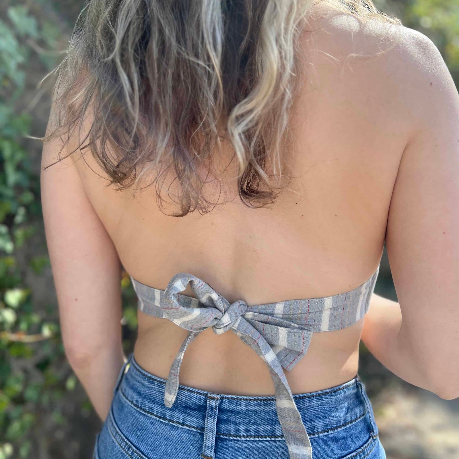 Closeup of handmade floral moth crop top back with tie - Boho Summer Top