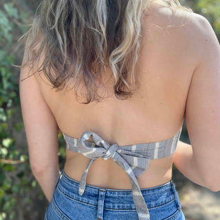 Closeup of handmade floral moth crop top back with tie - Boho Summer Top
