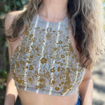 Closeup of handmade floral moth crop top - Boho Summer Top with flowers and pin stripes