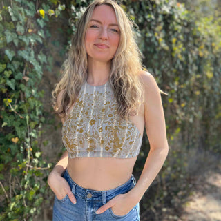Cream moth print halter top styled with denim - ethical handmade fashion