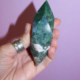 Moss Agate Prism on pink background