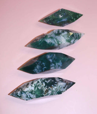 Moss Agate Prism on pink background