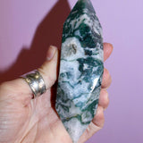 Moss Agate Prism on pink background