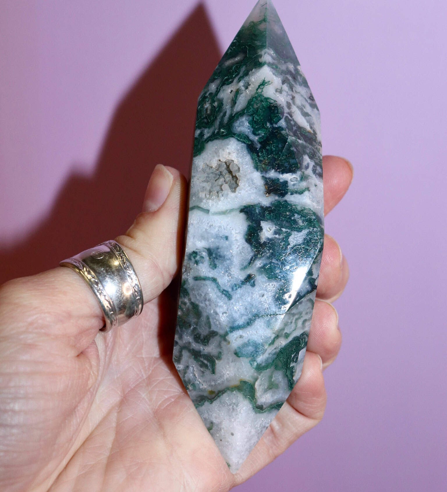 Moss Agate Prism on pink background