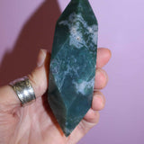 Moss Agate Prism on pink background