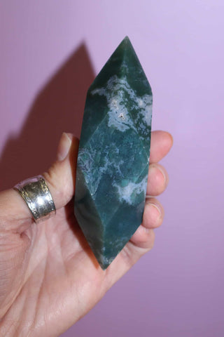 Moss Agate Prism on pink background