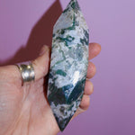 Moss Agate Prism on pink background