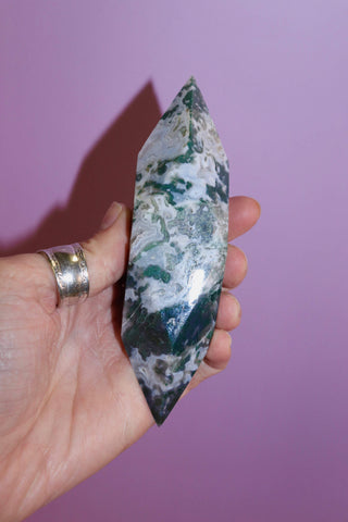 Moss Agate Prism on pink background