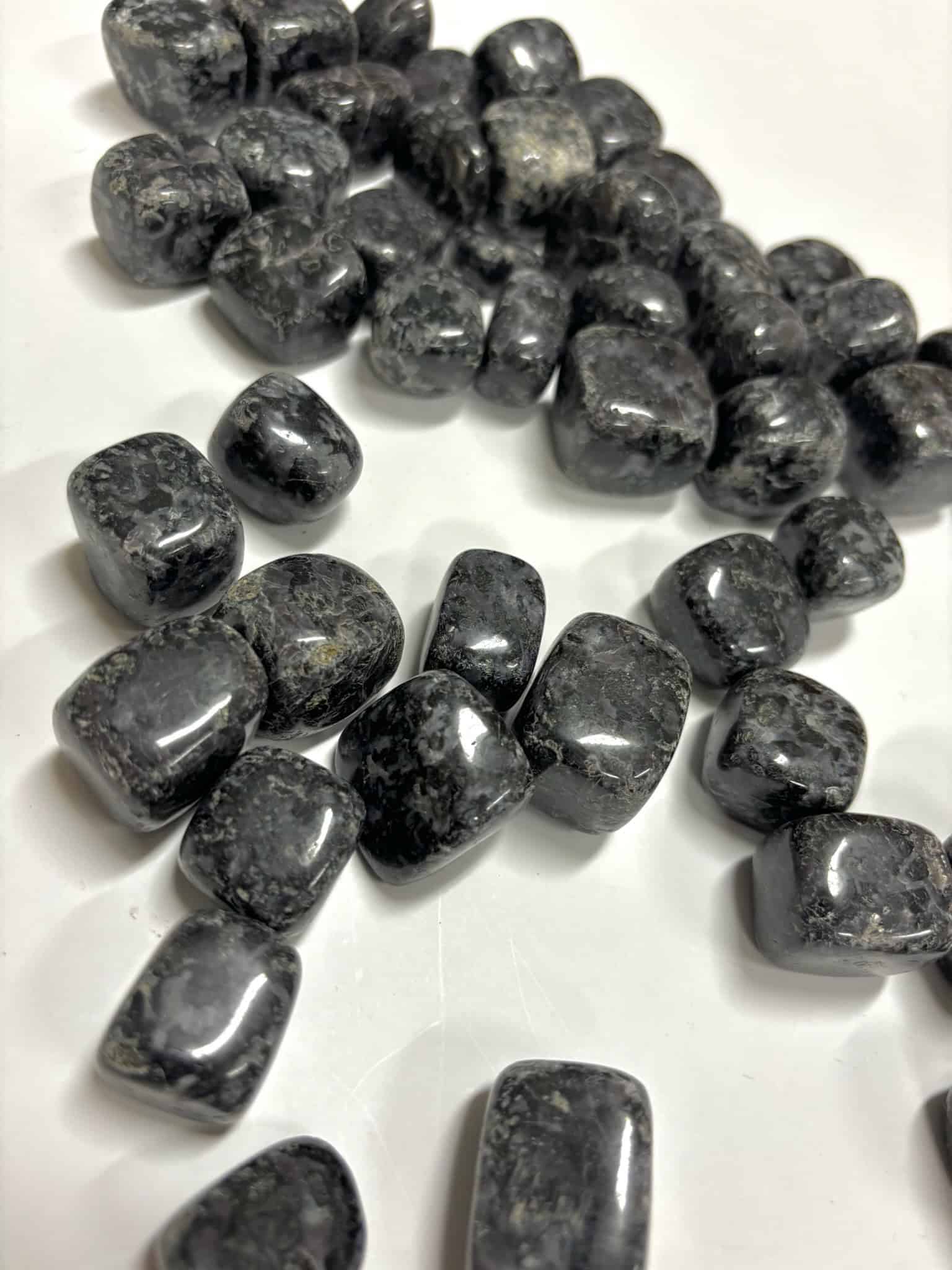 Dozens of polished Indigo Gabbro tumbles scattered across a white surface