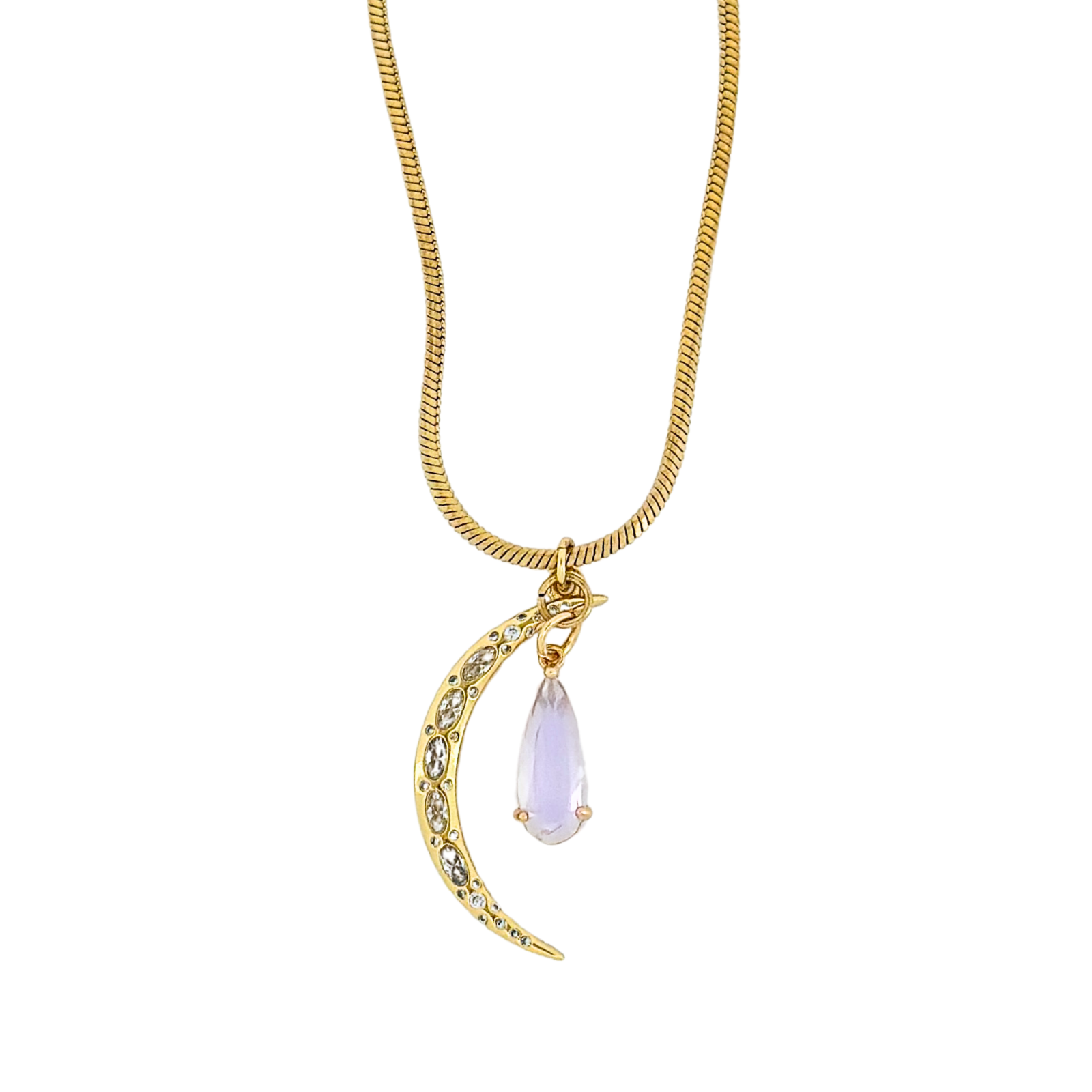 Gold necklace with a moon and teardrop opalite stone pendant on a white background