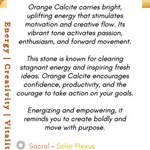 Orange Calcite stone with energy benefits and properties on a white background