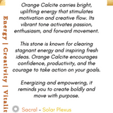 Orange Calcite stone with energy benefits and properties on a white background