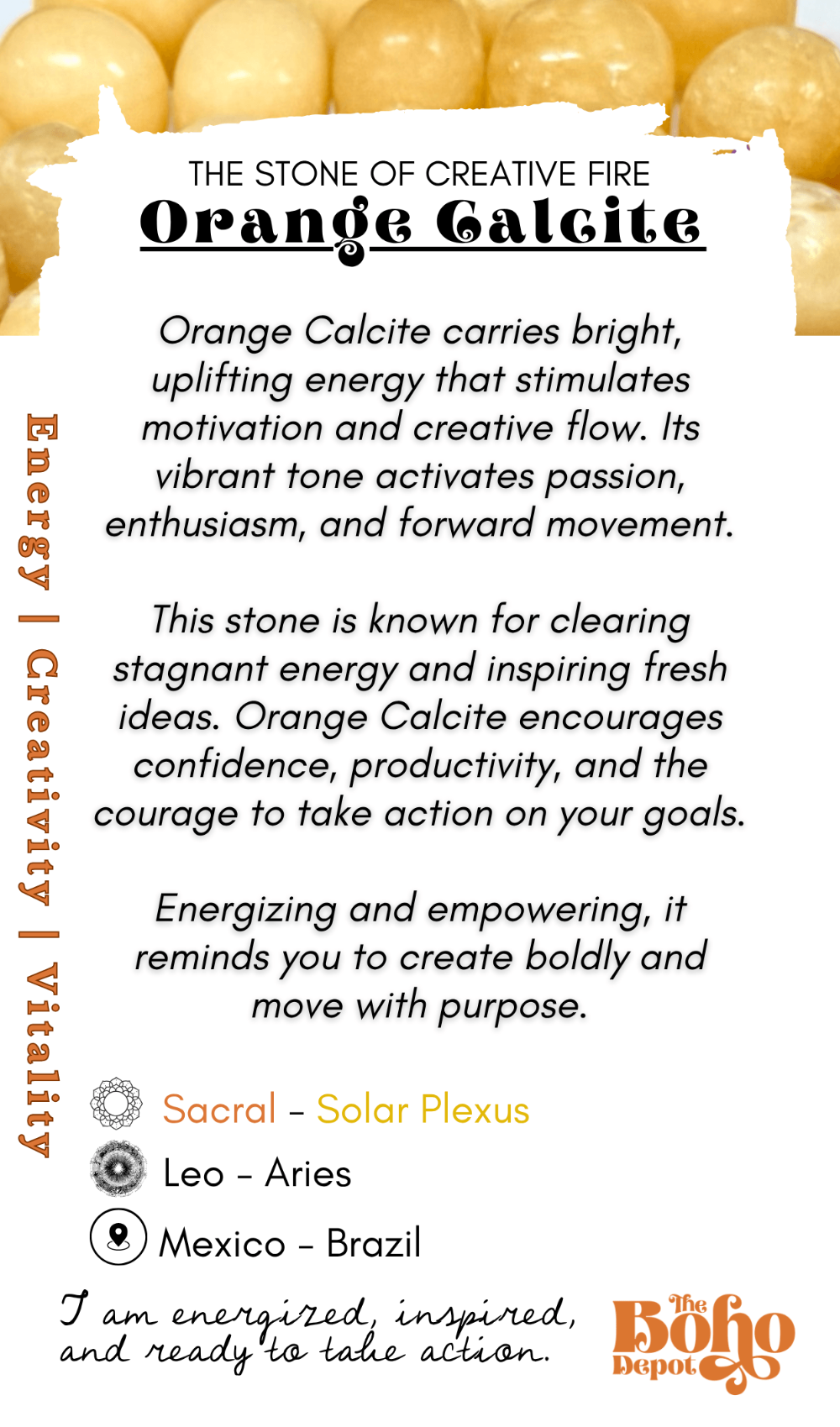 Orange Calcite stone with energy benefits and properties on a white background