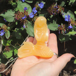 Hand holding an orange mermaid crystal sculpture against a natural background with green leaves and purple flowers.