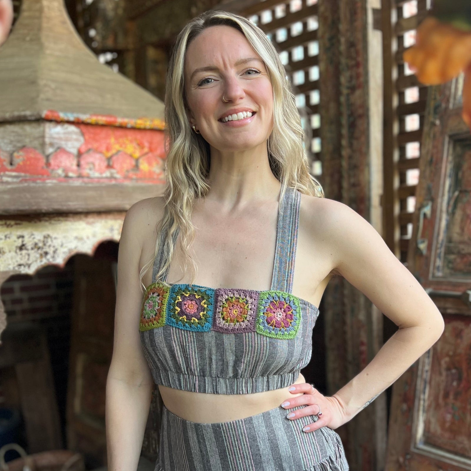 Someone wearing the Granny Square Bandeau Top.