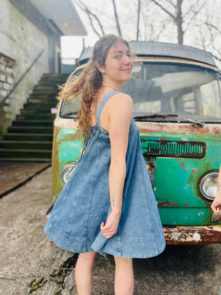 boho denim square neck mini dress in front of a vintage VW