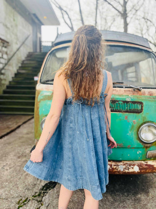 free spirited fashion - denim mini dress and vintage VW bus aesthetic