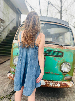 festival ready denim mini dress and nostalgic VW bus 