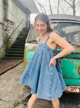 1970's inspired boho denim dress and a classic VW camper