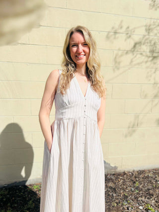 flowy linen cotton maxi dress with subtle stripes