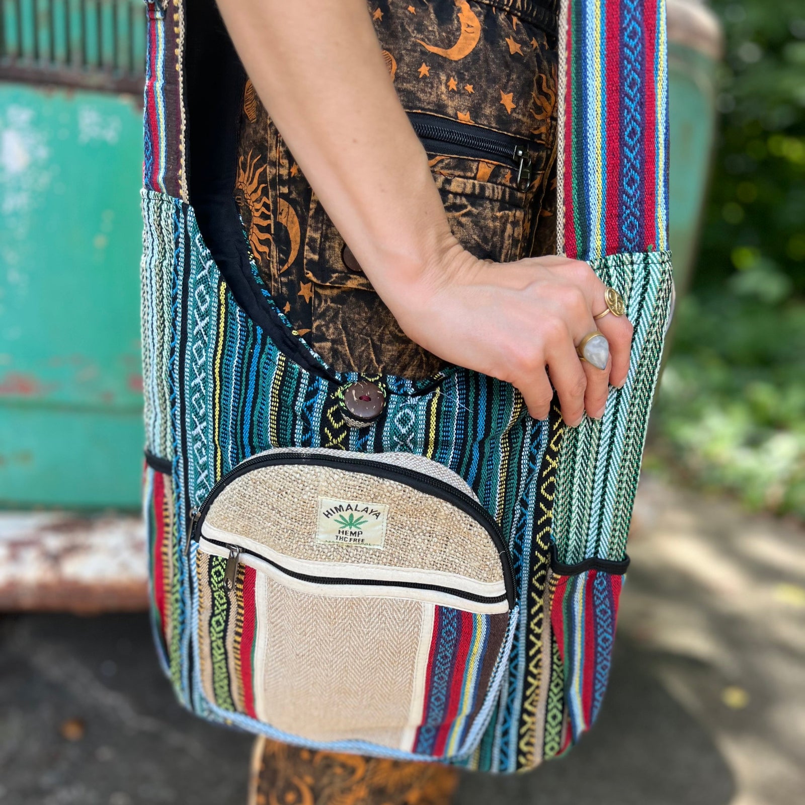 Someone wearing the Cotton Hemp Two Pocket Crossbody Bag.