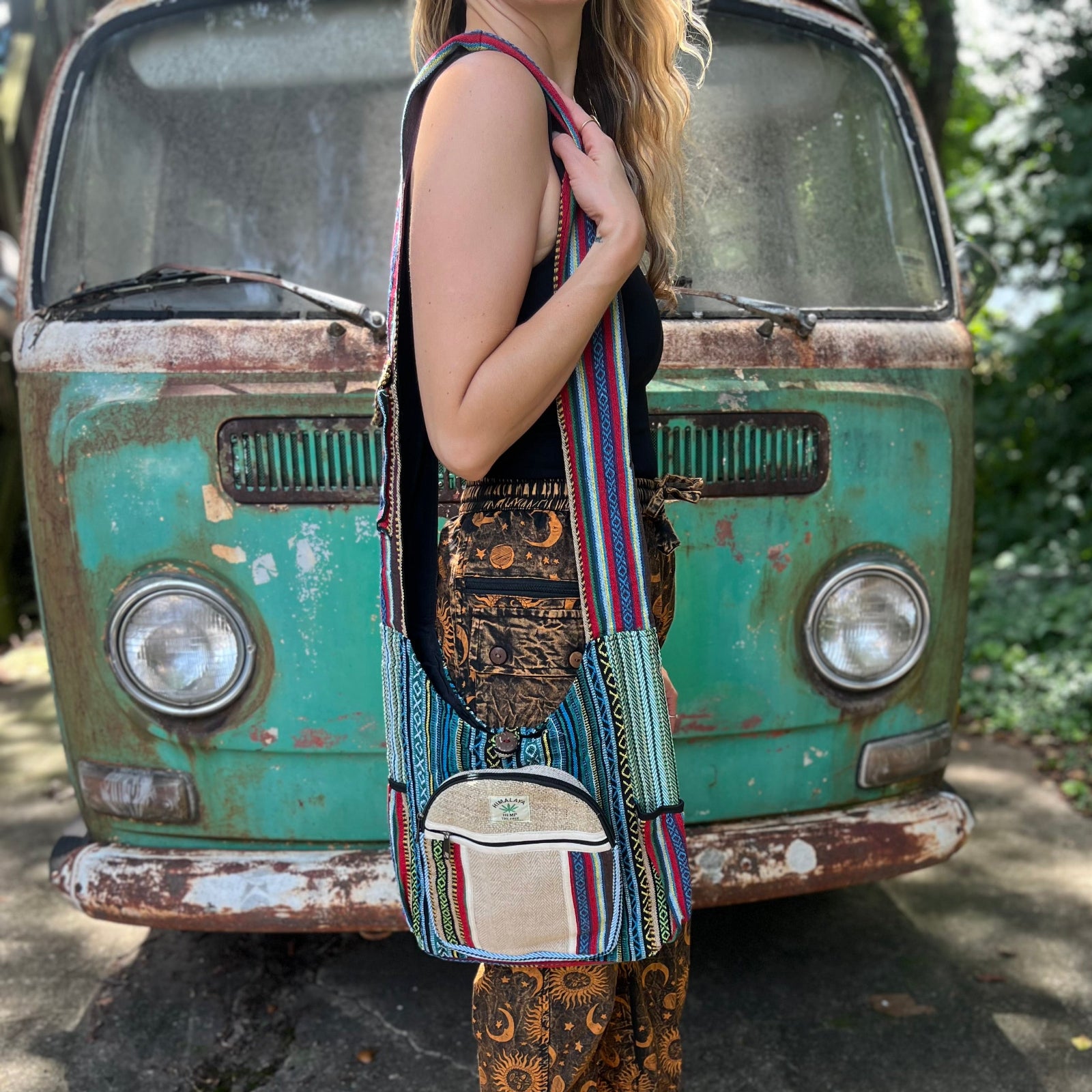 Someone wearing the Cotton Hemp Two Pocket Crossbody Bag.