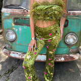Feather Crop Top with Stretch Flared Pants Set