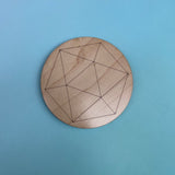 The Icosahedron 4 inch Wooden Crystal Grid on a light blue background.