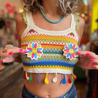 An up-close picture of someone wearing the beige Bohemian Style Colorful Striped Knit Tank Top.