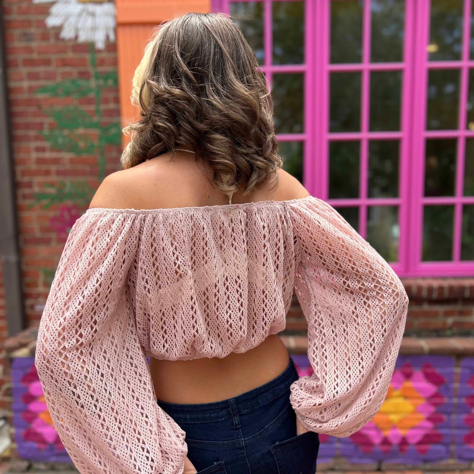 Back view of blush crochet knit crop top showing sheer fabric and balloon sleeves