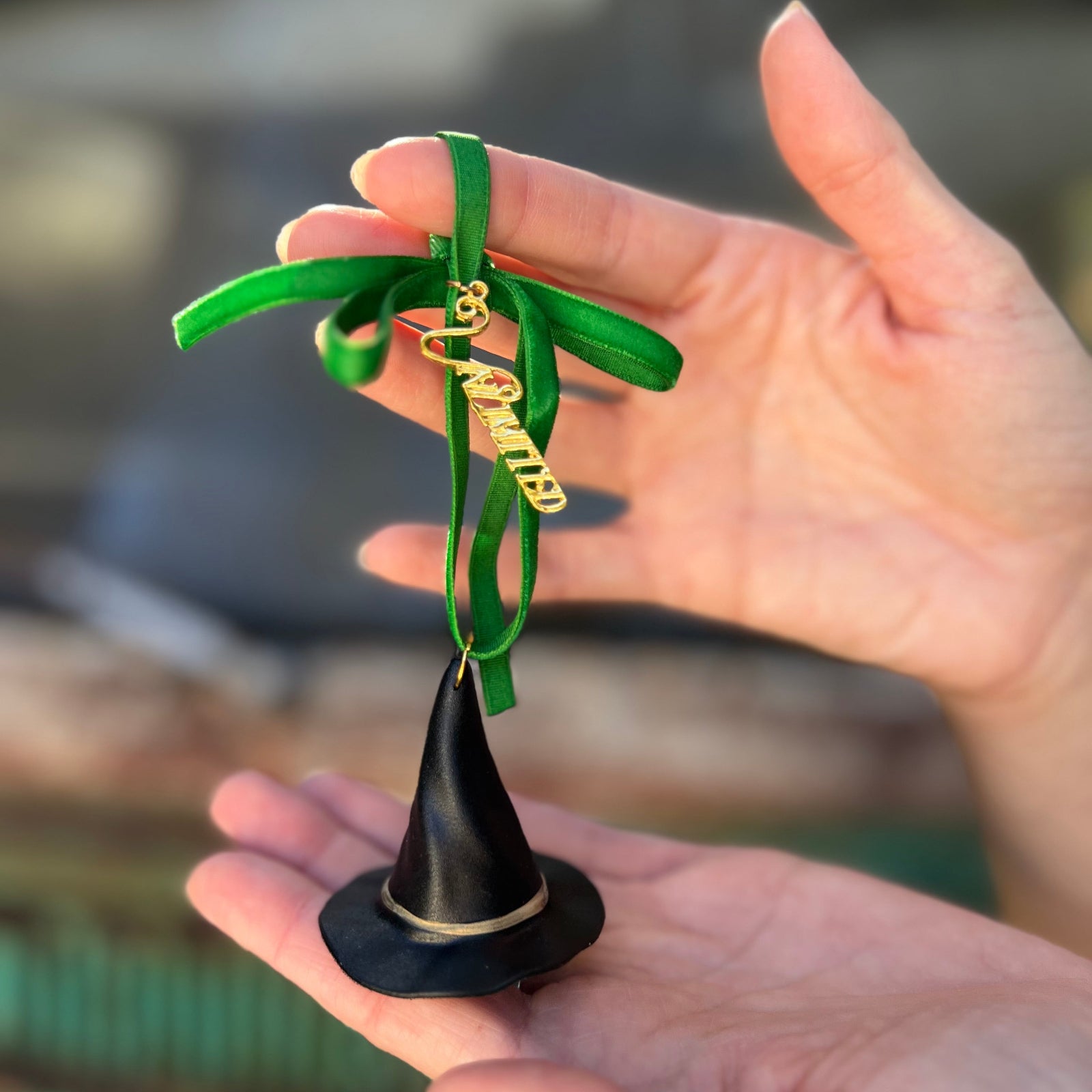 Someone holding the Elphaba inspired ornament from the Emerald City 2 Piece Ornament Set.