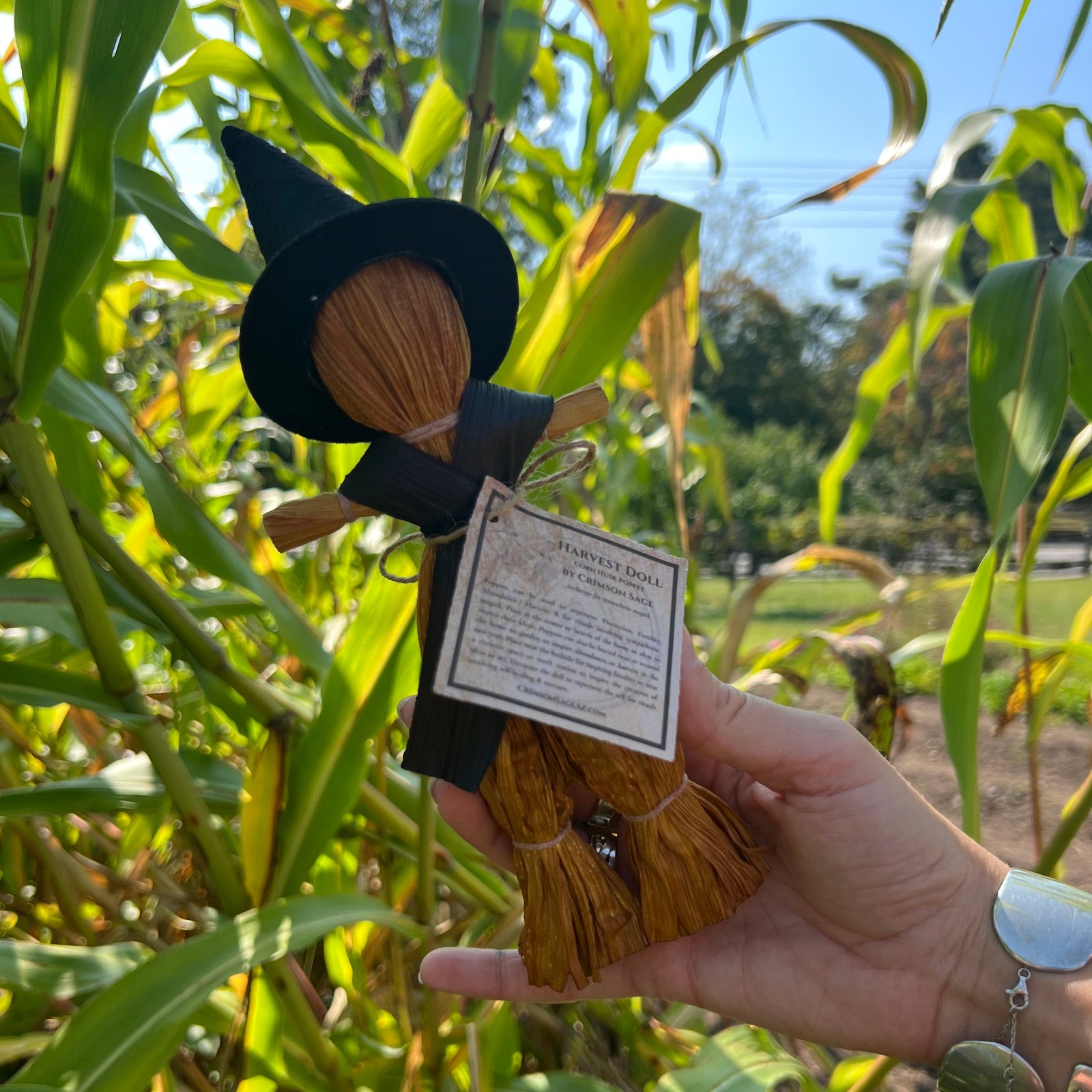 Someone holding a Witch Samhain Folk Corn Husk Poppet Doll in front of greenery.