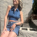 Recycled Denim Halter Top – Upcycled Vintage Shirt on a cream stucko background