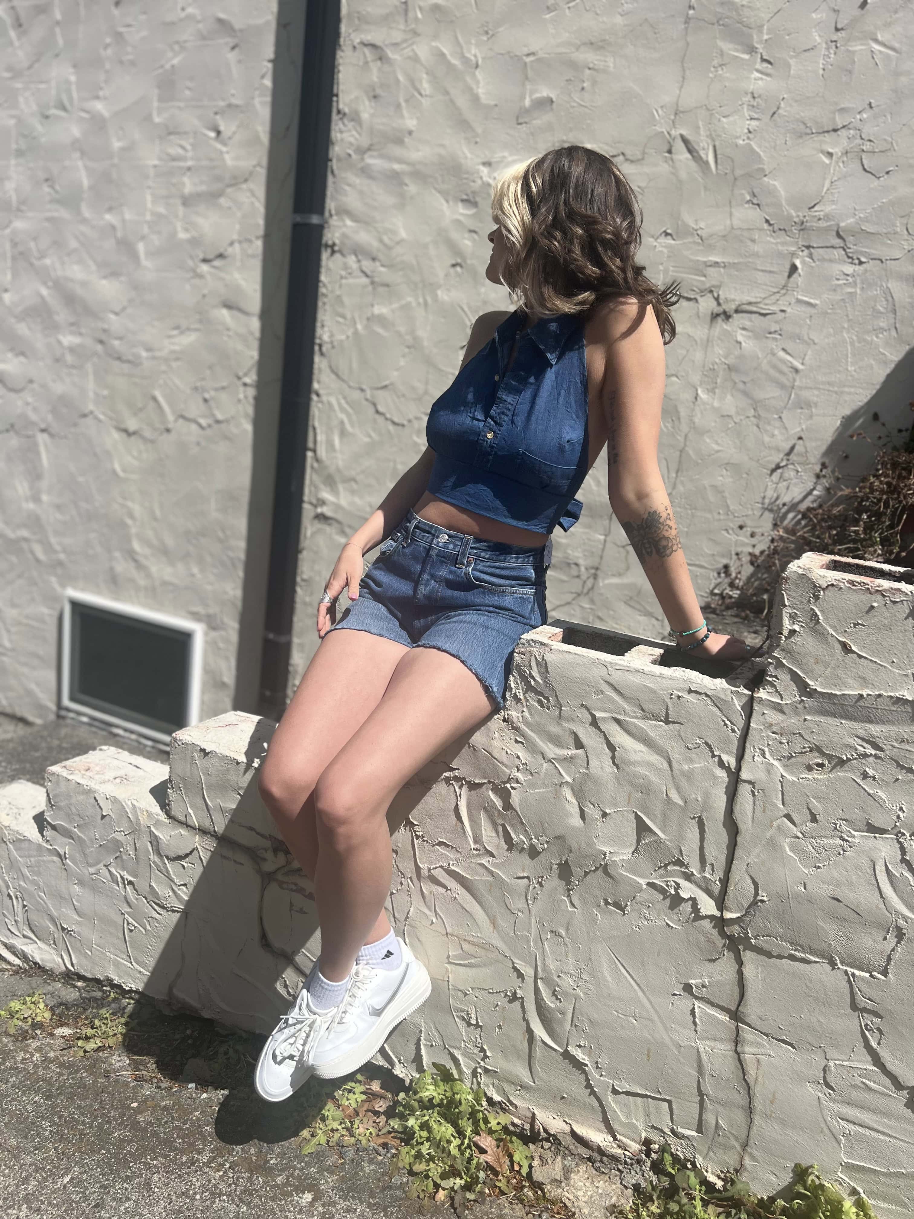 Recycled Denim Halter Top – Upcycled Vintage Shirt on a cream stucko background
