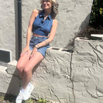 Recycled Denim Halter Top – Upcycled Vintage Shirt on a cream stucko background