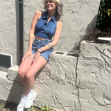 Recycled Denim Halter Top – Upcycled Vintage Shirt on a cream stucko background