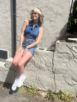 Recycled Denim Halter Top – Upcycled Vintage Shirt on a cream stucko background