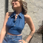 Recycled Denim Halter Top – Upcycled Vintage Shirt on a cream stucko background