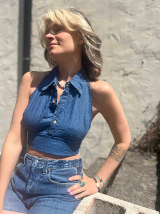 Recycled Denim Halter Top – Upcycled Vintage Shirt on a cream stucko background
